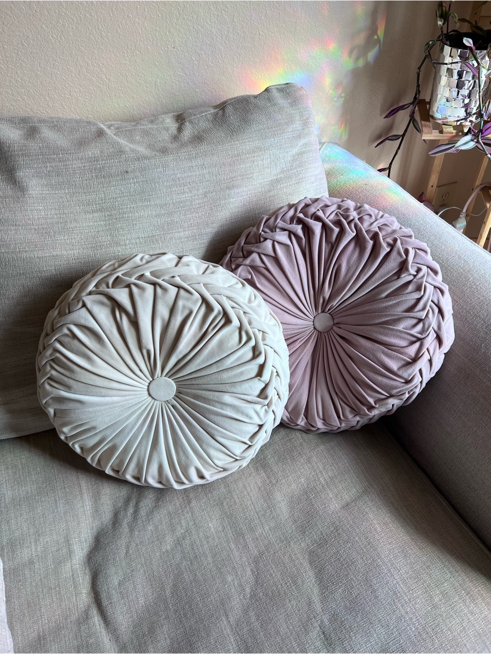 Round Pleated Decorative Pillow Pair - Cream & Dusty Rose